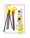 Elderberry Infused Honey sticks with dark red liquid, yellow honeycomb illustrations, and white packaging tube.