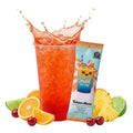 Bahama Mama energy drink in a tall glass with ice, surrounded by citrus slices and cherries, with a packet of The Loaded Tea.