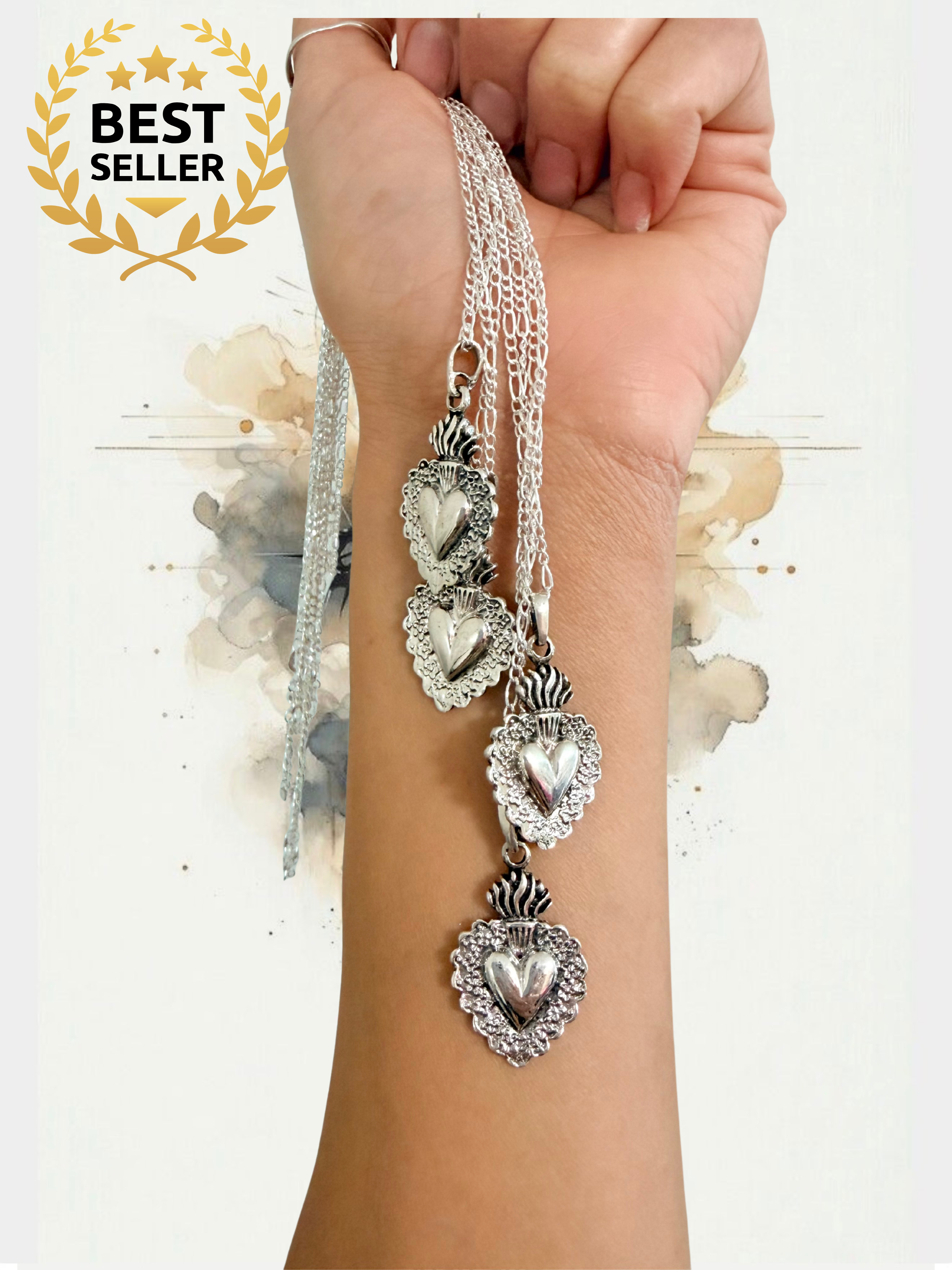 Sacred Heart Necklace in 925 Sterling Silver – Mexican design inspired in Frida khalo  Figaro Chain, Collar de sagrado corazón de plata .925 plata mexicana