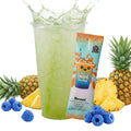 Mermaid energy drink packet with orange-flavored beverage, surrounded by pineapples and blueberries.