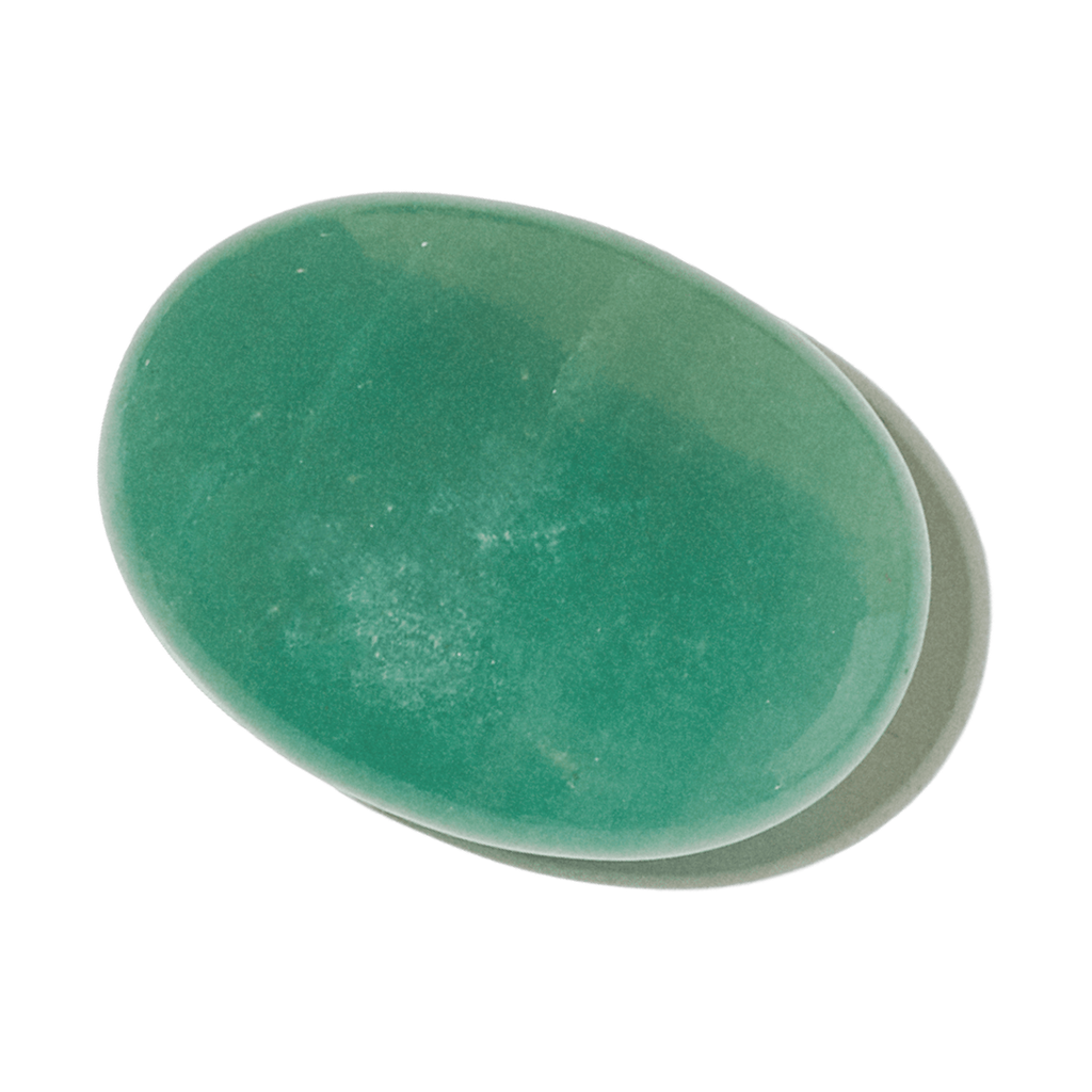 Green Aventurine Palm Stone with smooth, polished green quartz surface, oval shape, used for meditation and healing.