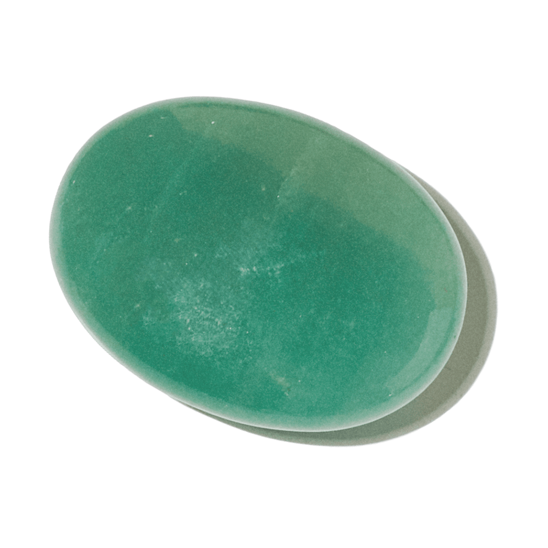 Green Aventurine Palm Stone with smooth, polished green quartz surface, oval shape, used for meditation and healing.