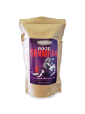 Good Sumatran coffee beans in a beige resealable bag with a purple label featuring an illustration of two people and a