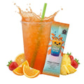 Happy Camper energy drink mix packet next to a glass of orange-colored beverage with strawberries, orange slices, and