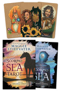 Set of Scorpio Sea Tarot cards with colorful illustrations of a squirrel, woman with a horse, empress, and book covers