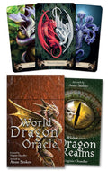 Set of three colorful dragon oracle cards with detailed illustrations of Merlins Dragons, Hydras, and Ladons, featuring