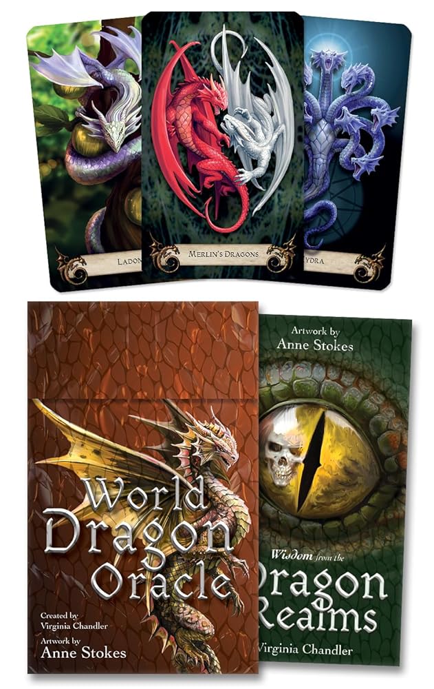 Set of three colorful dragon oracle cards with detailed illustrations of Merlins Dragons, Hydras, and Ladons, featuring