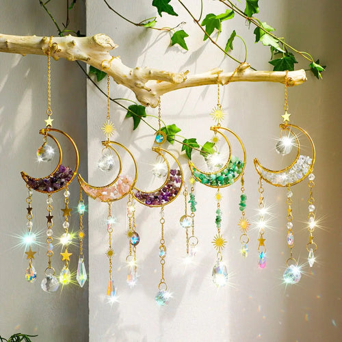 Colorful crystal moon suncatchers with gold crescent frames, hanging beads, and star and sun charms, designed to catch