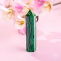 This Changes Everything – Malachite Phoenix Point crystal with green and black banding, standing upright on a pink
