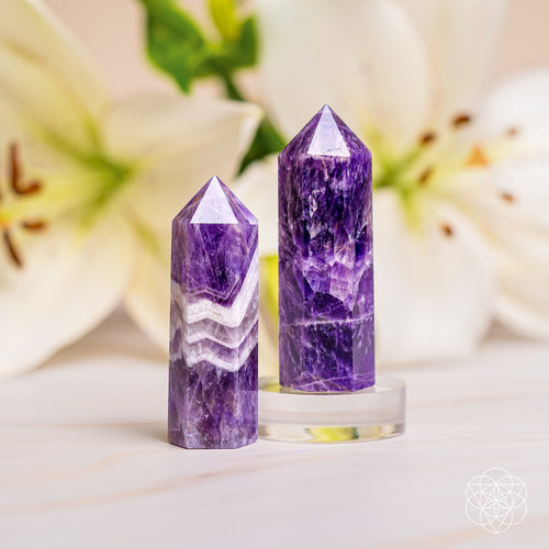 Cycle Breaker Chevron Amethyst Point of Transformation crystal set with purple and white banded points on clear stand