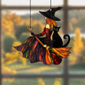 Black Cat Sun Catcher for Halloween and Witch Decor featuring a black cat, orange and red witch hat, and stained glass