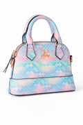 Colorful mermaid scale pattern girl's crossbody purse with pink, blue, and purple hues, gold accents, and MIA & RAY
