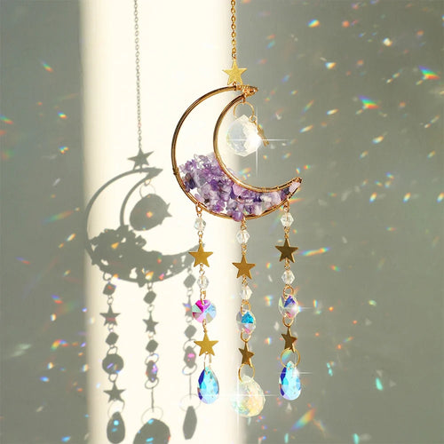 Crystal Moon Suncatchers with purple gemstone crescent, gold star accents, and dangling iridescent crystals, casting