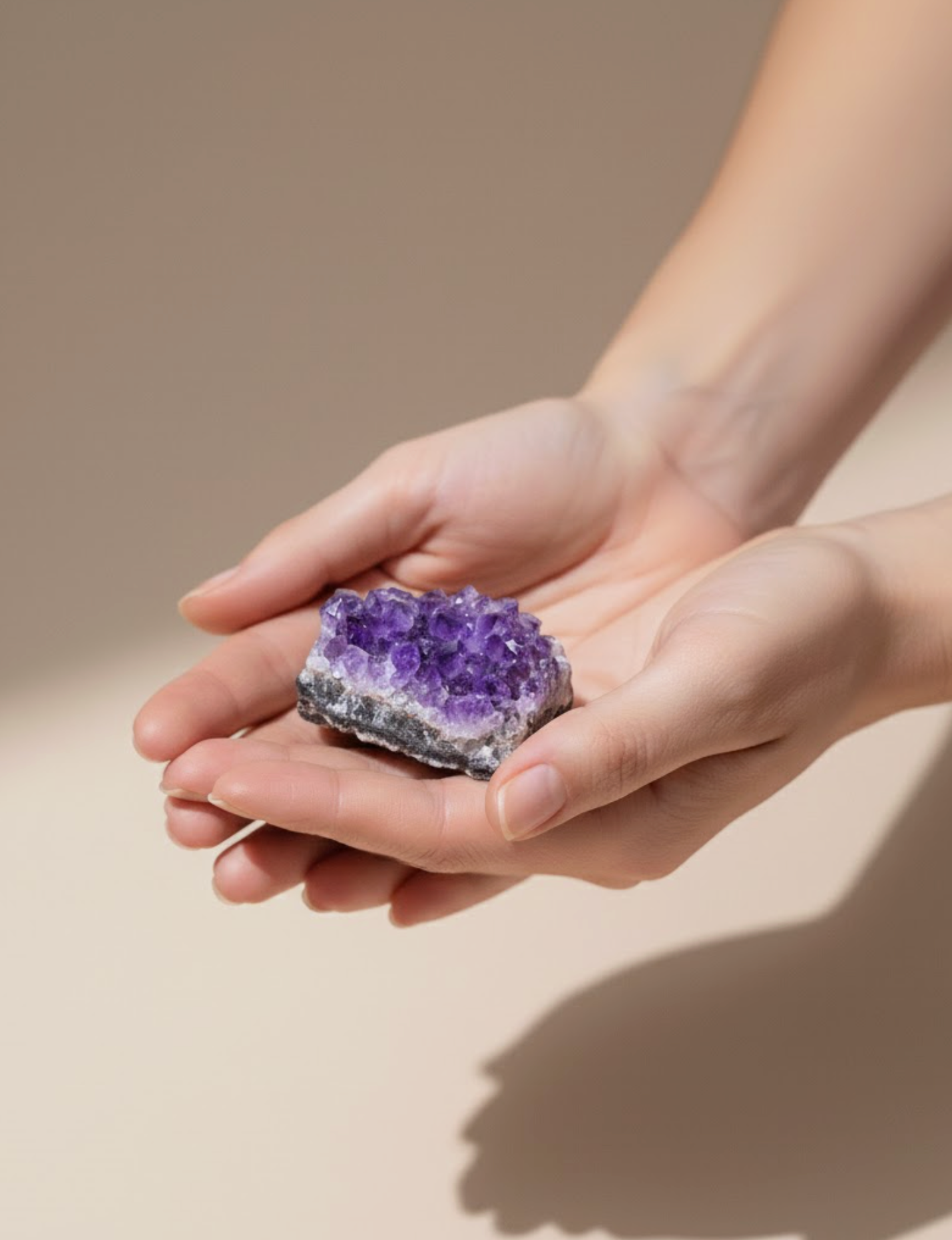 Amethyst Cluster with purple crystalline formations held in a person's hand.