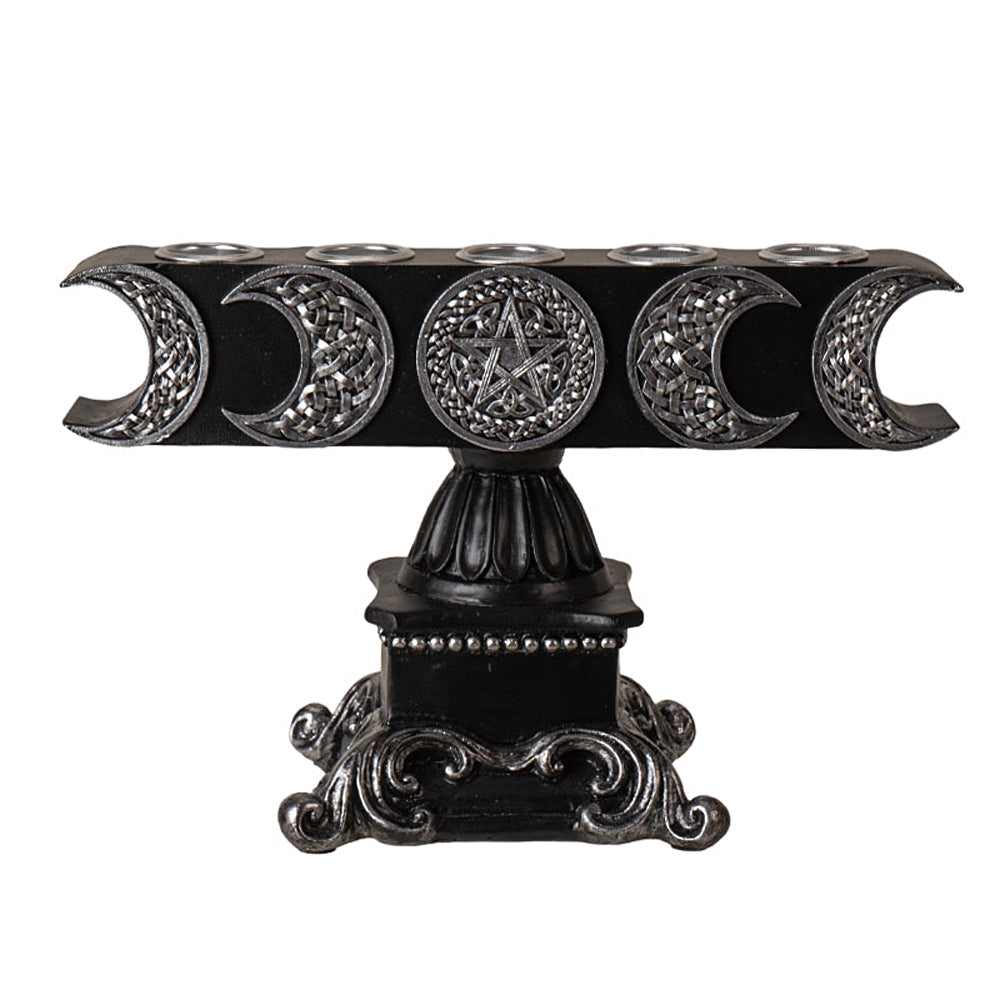 Triple Moon Pentagram 5 Candle Holder with black base and silver crescent moon and pentagram designs for spiritual or