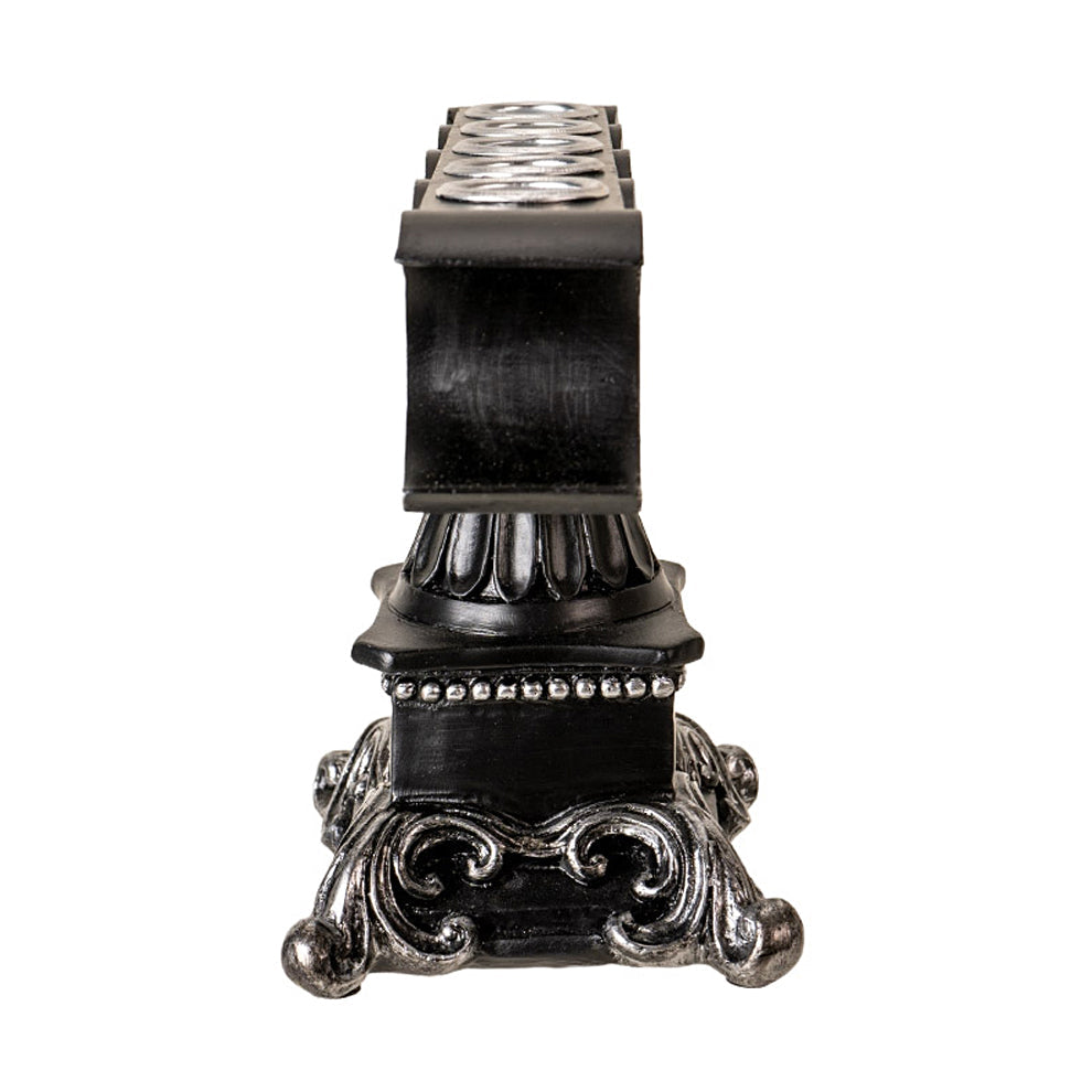 Triple Moon Pentagram 5 Candle Holder in black and silver with ornate base and five candle slots for ritual use.