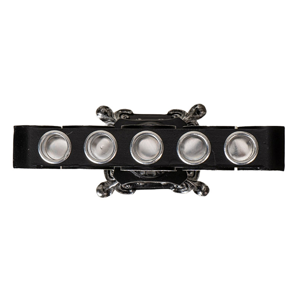Triple Moon Pentagram 5 Candle Holder in black with silver candle cups and a pentagram design, suitable for decorative or