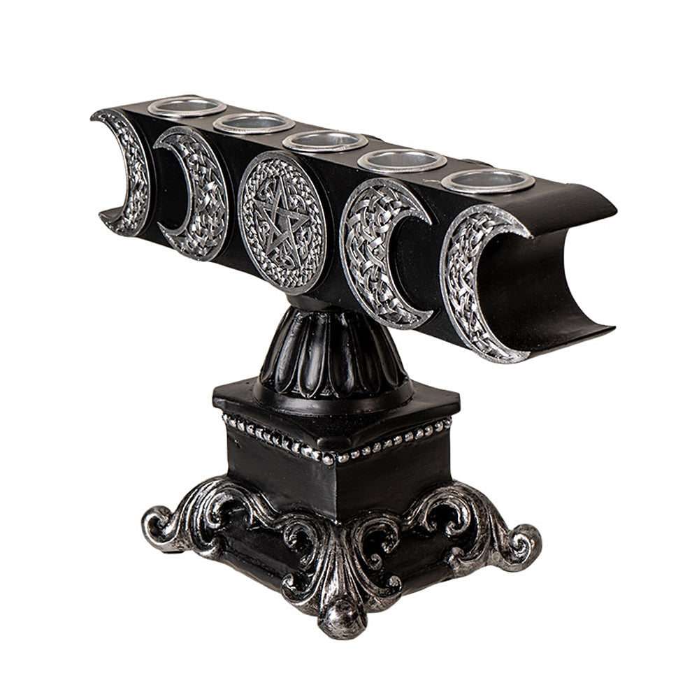 Triple Moon Pentagram 5 Candle Holder with black and silver finish, featuring crescent moon and pentagram designs, on ornate
