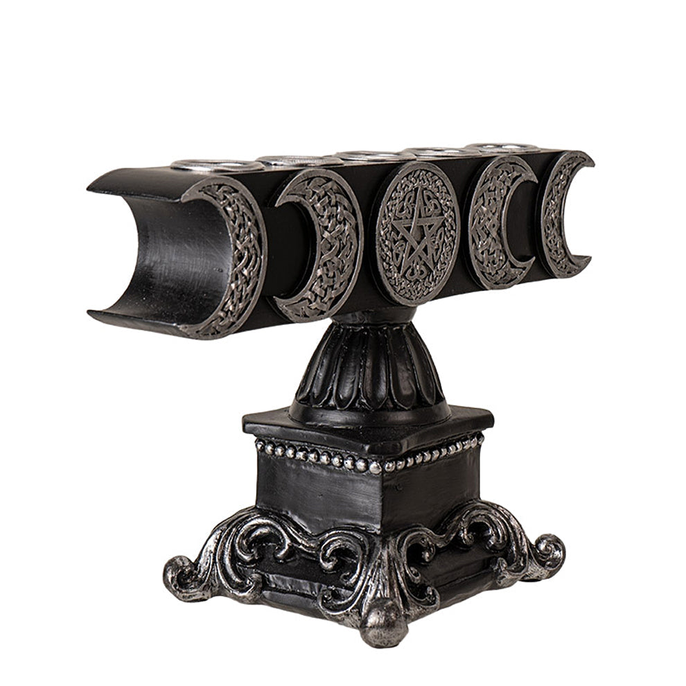 Triple Moon Pentagram 5 Candle Holder in black with silver accents, featuring crescent moon and pentagram designs, on an