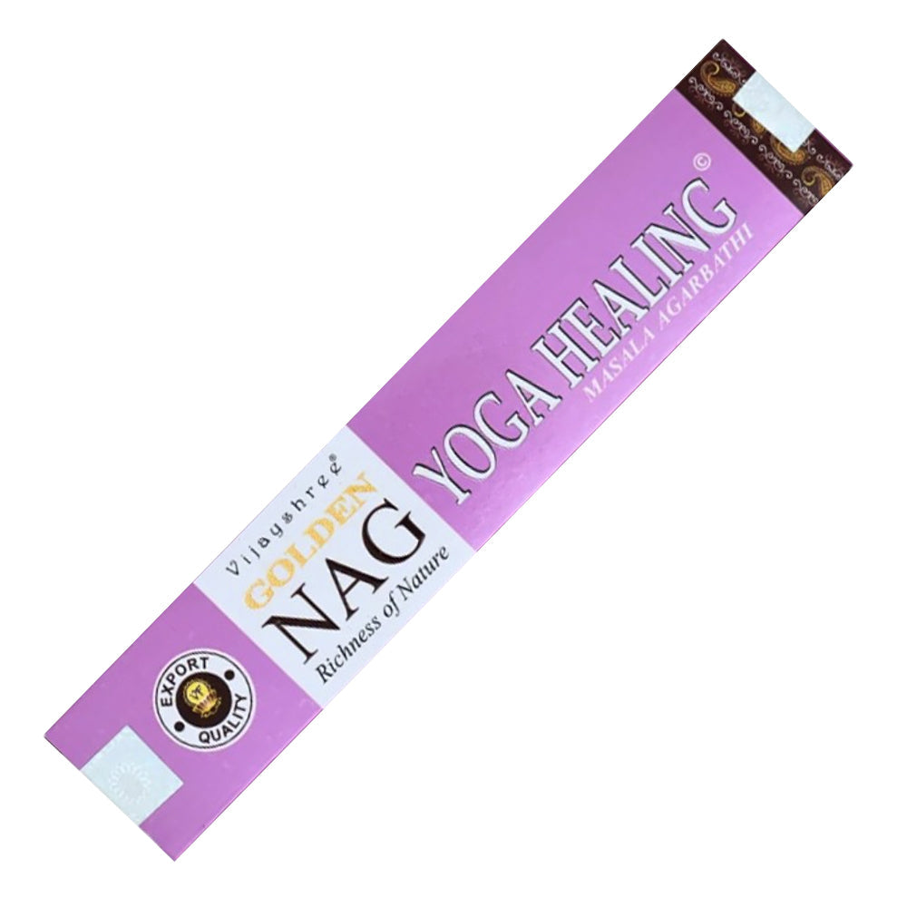 Vijayshree Golden Nag Yoga Healing Incense Sticks in purple packaging with gold and white accents, promoting relaxation and