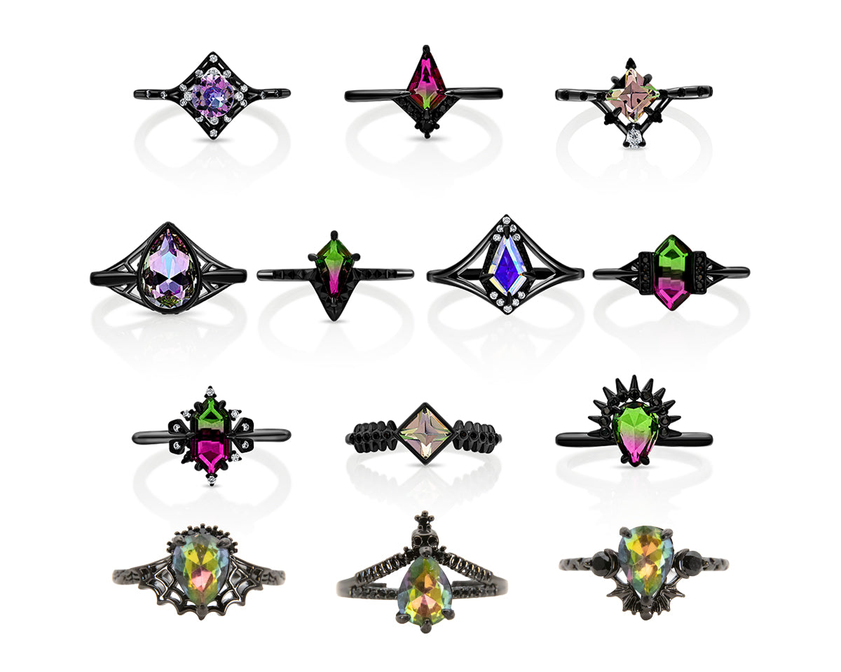 Wicked Witch of the West - Jewel Candle rings featuring colorful iridescent gemstones, black metal settings, and