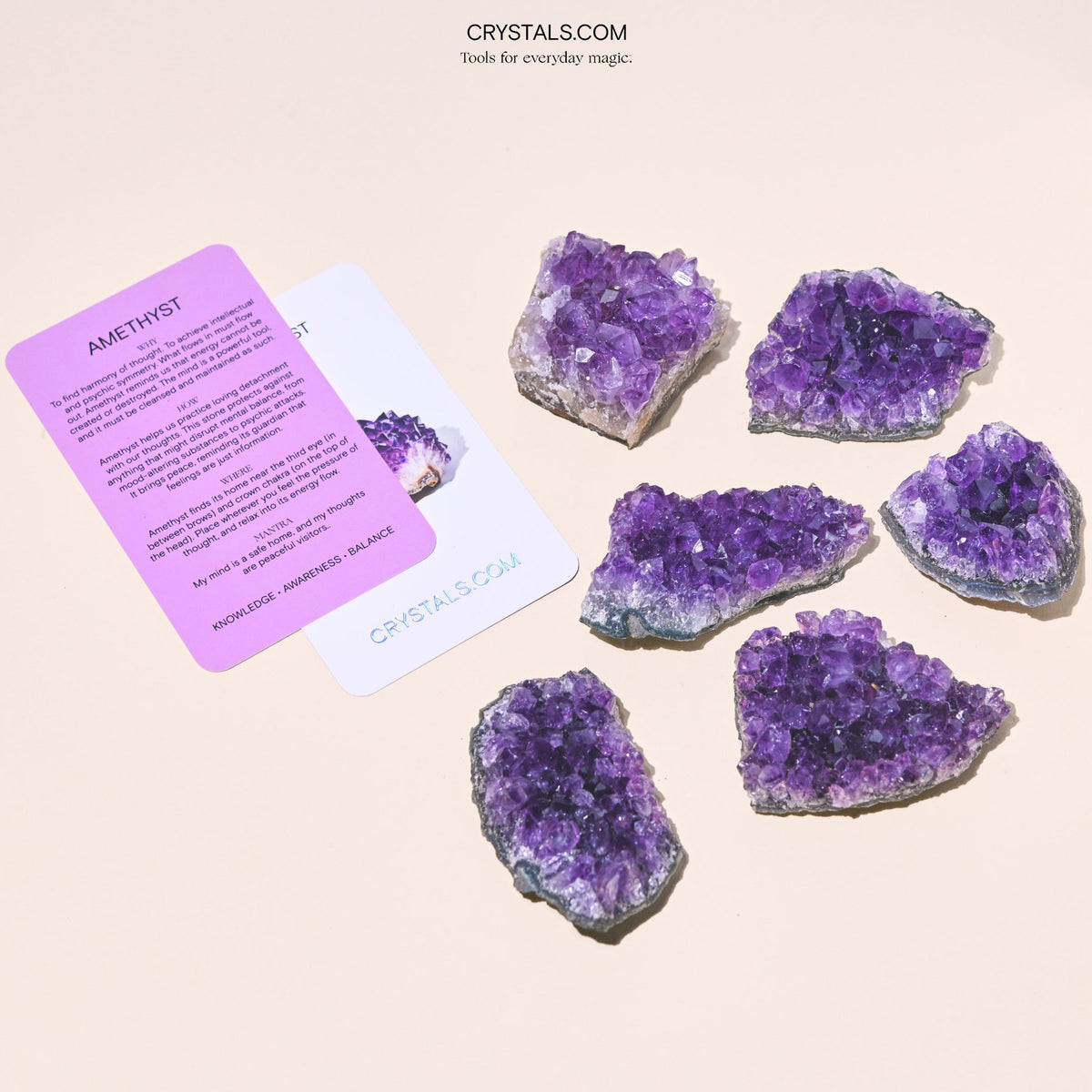 Amethyst Cluster with purple crystalline formations on gray rock base, natural mineral specimen for decorative or healing