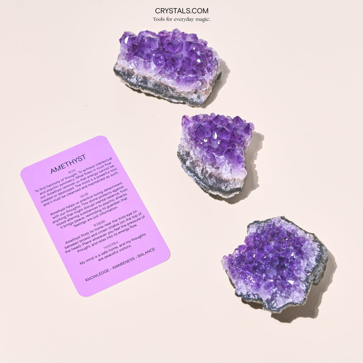 Amethyst Cluster with purple crystalline formations on a gray base, displayed next to a purple informational card.