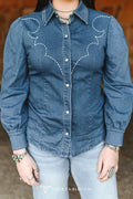 Lucky & Blessed Mid Wash Stretch Denim Pearl Snap Western Shirt with bold contrast boot-stitch embroidery, long sleeves, and