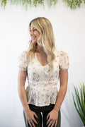 Blu Pepper Salina Western crochet lace trim V-neck top with puff sleeves in cream floral print