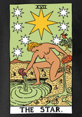 Tarot Card The Star T-Shirt featuring a nude figure kneeling by water with a large yellow star and white stars on a green